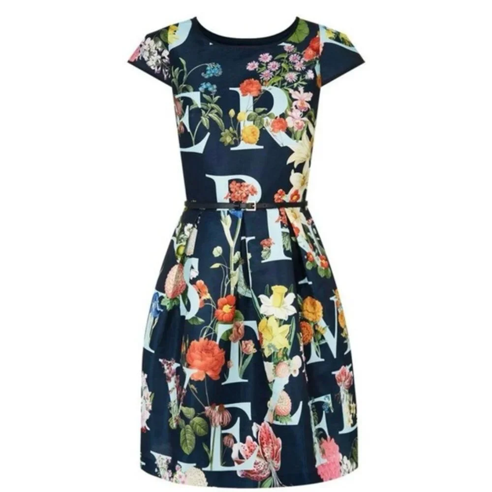 Ted Baker London Alphabet Ditsy Skater Dress Size 0/XS Floral Fit & Flare Navy - Picture 3 of 17